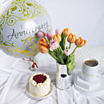 Anniversary Wishes with Tulips and Cake