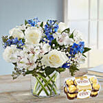 Blue And White Floral Bunch With 16 Ferrero Rocher