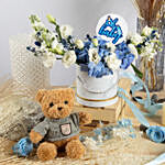 Baby Boy Celebration Flowers Box with Teddy