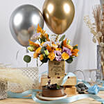 Best Wishes Flowers Arrangement with Mono Cake & Balloons