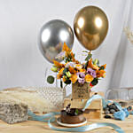 Best Wishes Flowers with Mono Cake & Balloons