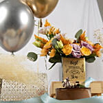 Best Wishes Flowers with Mono Cake & Balloons