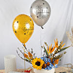 Yellow and Blue Flowers Magic with Congrats Balloons