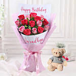 Joyful Personalised Rose Bouquet with Teddy Bear