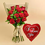 12 Valentines Red Roses Bouquet With I Love You Balloon For Valentines Day