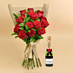 12 Valentines Red Roses Bouquet With Mini Moet Champagne For Valentines Day