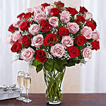 50 Vivid Red and Pink Roses In Vase for Valentine
