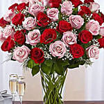 50 Vivid Red and Pink Roses In Vase for Valentine