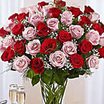 50 Vivid Red and Pink Roses In Vase for Valentine