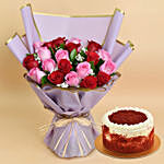 Love Expressions Pink And Red Roses Bouquet With Cake For Valentines Day