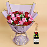 Love Expressions Pink And Red Roses Bouquet With Mini Moet Champagne For Valentines Day