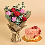 3 Pink 3 Red Roses Bouquet With Cake For Valentines