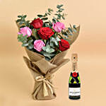 3 Pink 3 Red Roses Bouquet With Mini Moet Champagne For Valentines