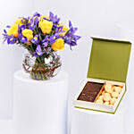 Iris and Roses Flowers with Treats Box