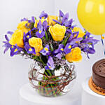 Iris Flowers with Birthday Cake and Balloons