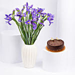 IRIS Flowers Arrangement in Premium Vase and Cake