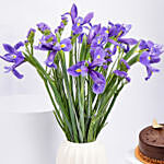 IRIS Flowers Arrangement in Premium Vase and Cake