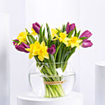 Daffodils and Tulips Beauty in Fish Bowl Arrangement