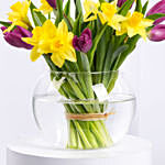 Daffodils and Tulips Beauty in Fish Bowl Arrangement