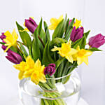 Daffodils and Tulips Beauty in Fish Bowl Arrangement