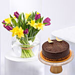 Daffodils and Tulips Beauty in Fish Bowl with Cake