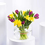 Daffodils and Tulips Beauty in Fish Bowl with Cake