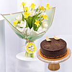 Daffodils and Tulips Birthday Flower Bouquet with Cake