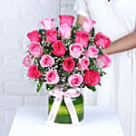 Beautiful Pink Roses Glass Vase Arrangement