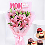 Moms Love Lily Flower Bouquet with Cupcakes