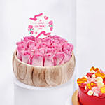Pink Roses in Wodden Tray with Cake For Mom