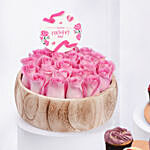 Pink Roses in Wodden Tray with Cup Cake For Mom