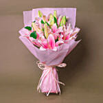 6 Passionate Oriental Pink Lilies with Red & White Pearl Rakhi