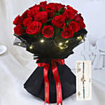 LED Elegance Rose Embrace Bouquet With Designer Peacock Rakhi