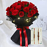 LED Elegance Rose Embrace Bouquet With Rudraksha Rakhi Set