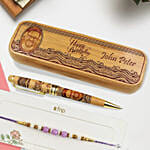 Personalised Wooden Pen for Dad With Purple Pearl Rakhi