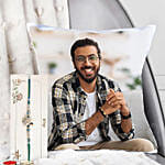 Personalized Photo Cushion With Designer Peacock Rakhi