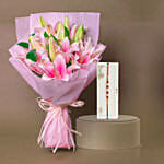 6 Passionate Oriental Pink Lilies with Red & White Pearl Rakhi