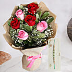 Attractive 6 Stolen Roses Bouquet with Green Pearl Rakhi