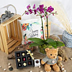 Dual Stem Purple Orchid with Chocolates & Teddy