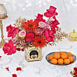 Happy Deepavali Flowers and Motichoor Ladoo