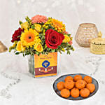 Sparks of Joy Deepavali Flower Arrangement and Motichoor Laddoo