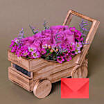 Purple Roses Arrangement In Cart with Greeting Card