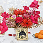 Happy Deepavali Flowers and Motichoor Ladoo