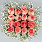 16 Pink Roses Arrangement In Wooden Base