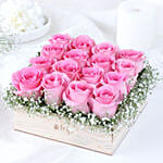 16 Pink Roses Presentation on Wooden Base