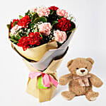 Appealing Mixed Carnations Bouquet With Teddy Bear