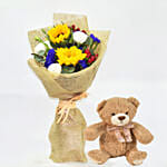 Appealing Mixed Flowers Bouquet With Teddy Bear