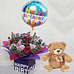 Birthday Flower Arrangement With Teddy Bear