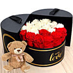 Floral Box Of Red N White Roses With Teddy Bear