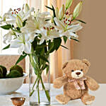 Happiness With Lilies Arrangement And Teddy Bear